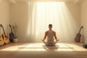 Meditáló ember harmonikus térben, zeneszerszámokkal körülvéve.