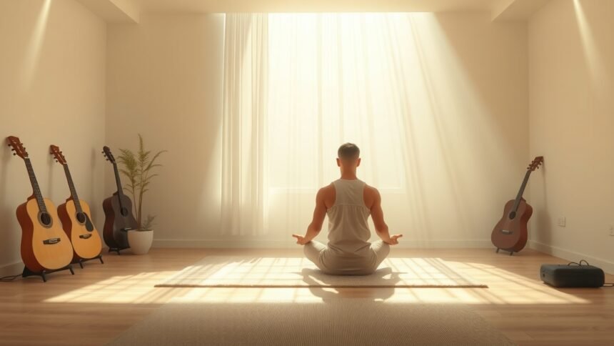 Meditáló ember harmonikus térben, zeneszerszámokkal körülvéve.