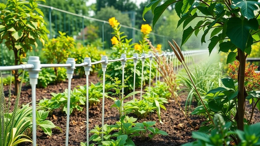 Csepegtető öntözőrendszer egy zöldségekkel teli kertben.