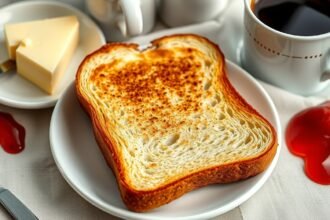 Pirítós kenyér vajjal és ketchup-szal a reggeli asztalon