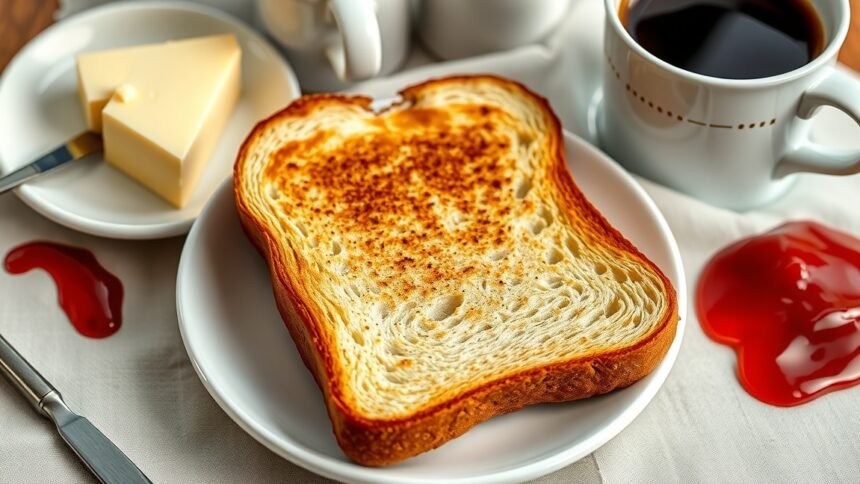 Pirítós kenyér vajjal és ketchup-szal a reggeli asztalon