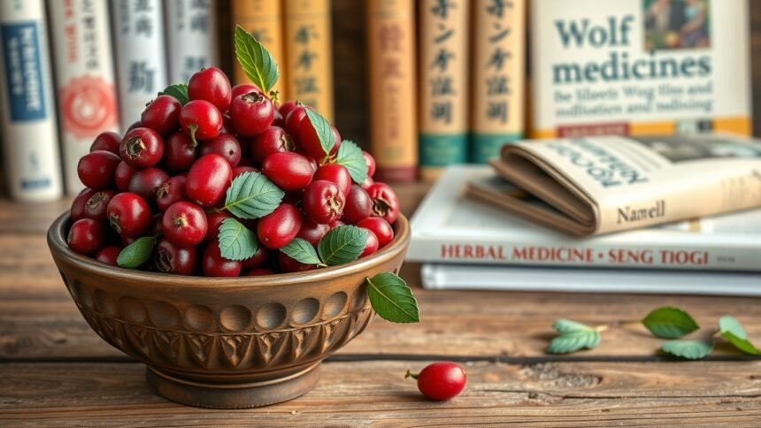 Farkasbogyó (goji) gyümölcsök egy kerámia tálban, egészségügyi könyvek háttérben