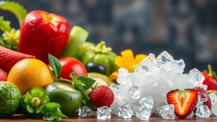 Friss zöldségek és gyümölcsök, jelezve a kálium-klorid egészségügyi előnyeit.