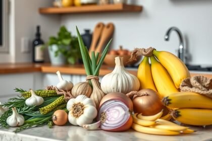 Friss zöldségek és gyümölcsök, prebiotikumok forrásai az egészség javítása érdekében.