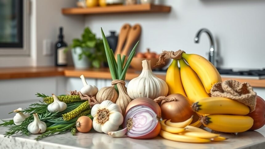 Friss zöldségek és gyümölcsök, prebiotikumok forrásai az egészség javítása érdekében.