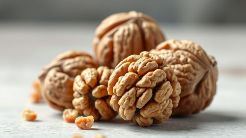 Friss diók természetes háttér előtt, egészséges zsírok forrása.