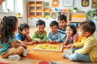 Gyerekek memóriajátékot játszanak közösen, fejlődik a kognitív képességük.