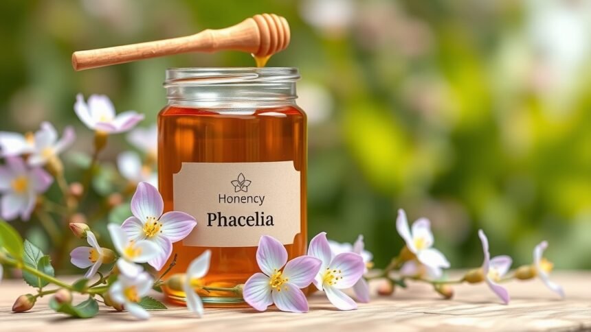 Facélia méz és virágok üvegben, természetes gyógyhatásokkal.