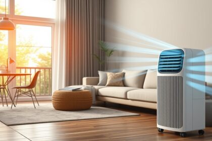 Mobil légkondicionáló működés közben egy modern nappaliban