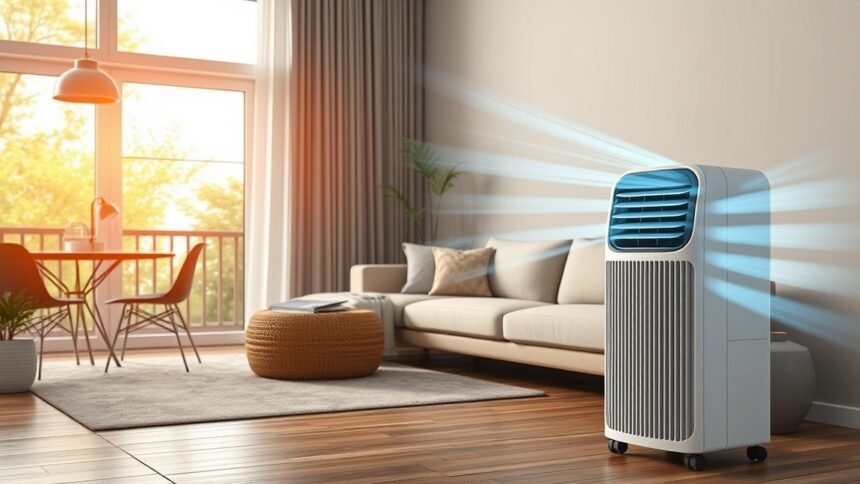 Mobil légkondicionáló működés közben egy modern nappaliban