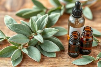 Zsálya levelek és bőrápoló olajok egy fa asztalon.