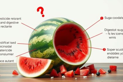 Friss görögdinnye, vágott szeletekkel, egészségügyi figyelmeztetésekkel.