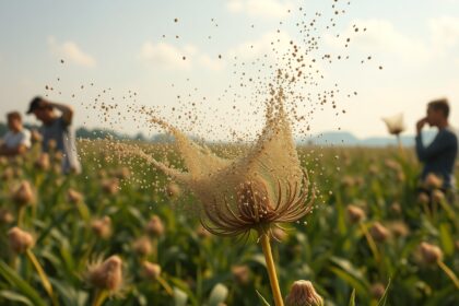 Parlagfű pollen terjedése a mezőn, allergiás reakciók kockázata.