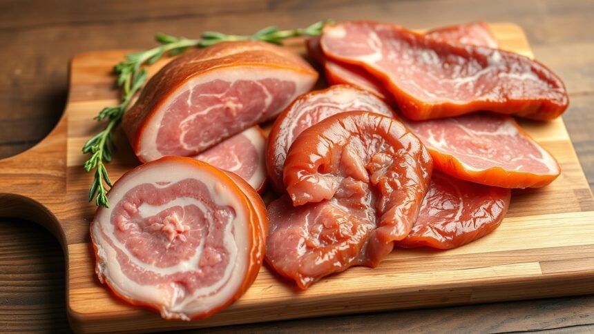 Nitrites pácos húsok különböző fajtái egy vágódeszkán.