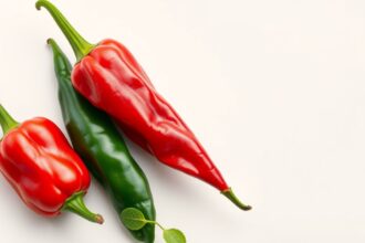 Cayenne bors: piros és zöld chili paprikák egy fehér háttér előtt