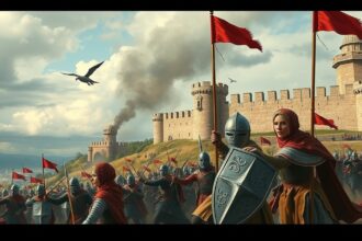 Egy egri nő harcosokkal a várvédelmi csatában, zászlókkal a kezében.