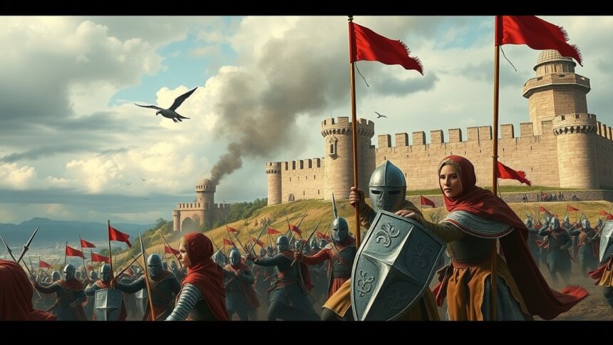 Egy egri nő harcosokkal a várvédelmi csatában, zászlókkal a kezében.