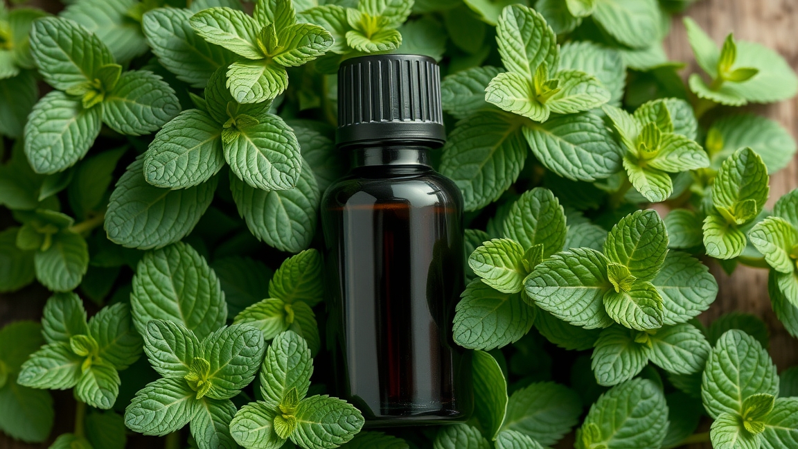 Fodormenta illóolaj üvegpalack friss fodormenta levelek között