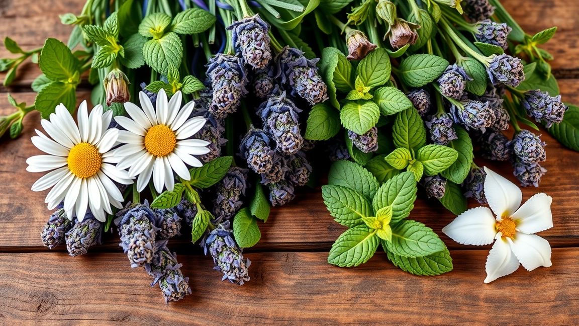 Friss gyógynövények, mint a levendula, kamilla és borsmenta.