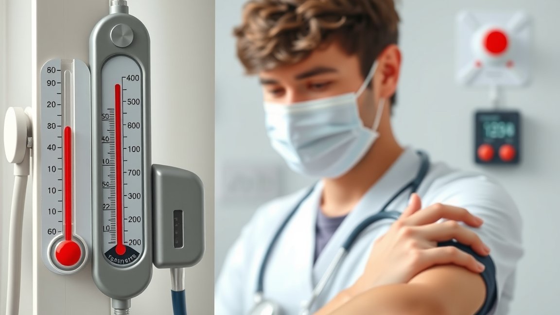 Orvosi műszer hőmérséklet és vérnyomás mérésére, orvossal.