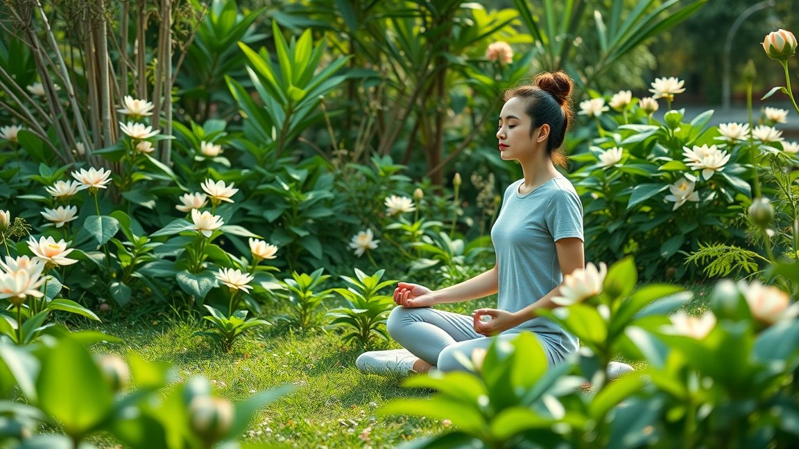 Nő a virágzó keretben meditál, stresszcsökkentés érdekében.
