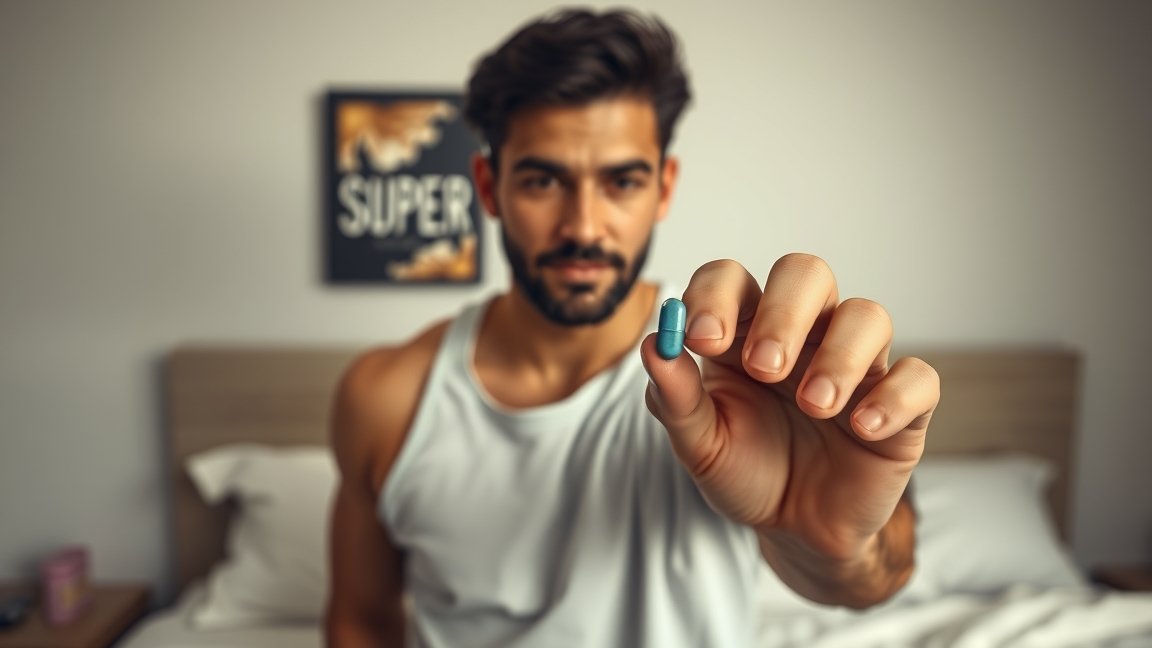 Férfi Kamagra Super tablettát mutat a kézben