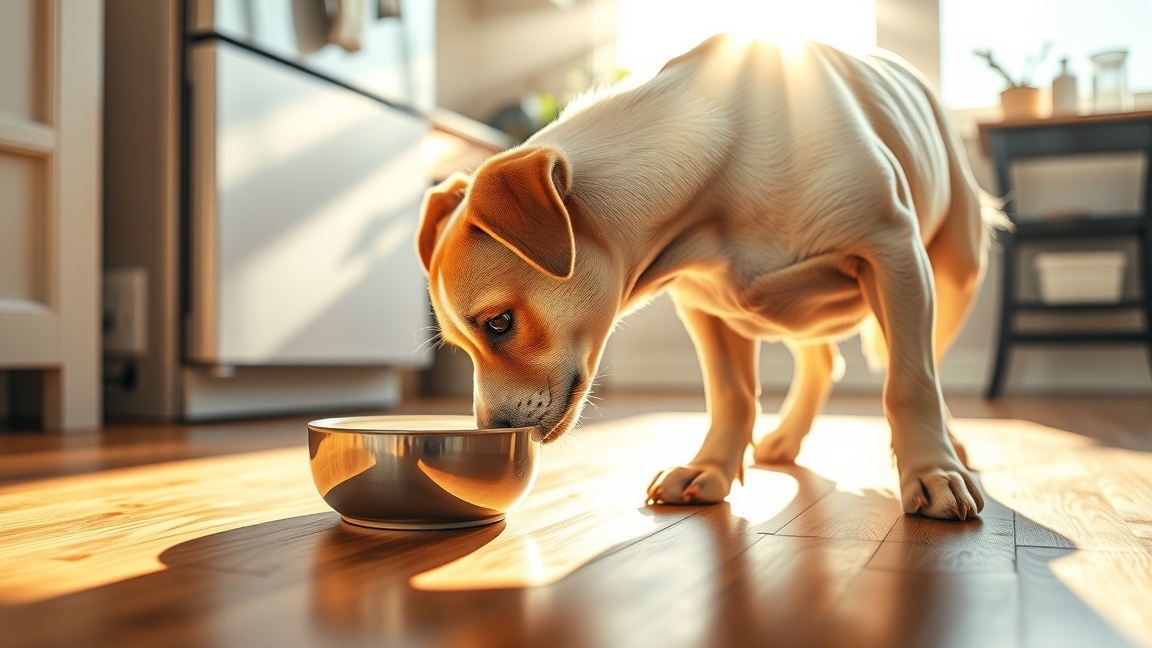 Kiskutya, aki a táljában lévő ételt nézi otthon
