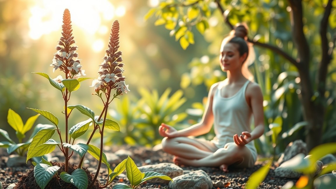 Meditáló nő a macskagyökér virágaival, természetes stresszcsökkentés