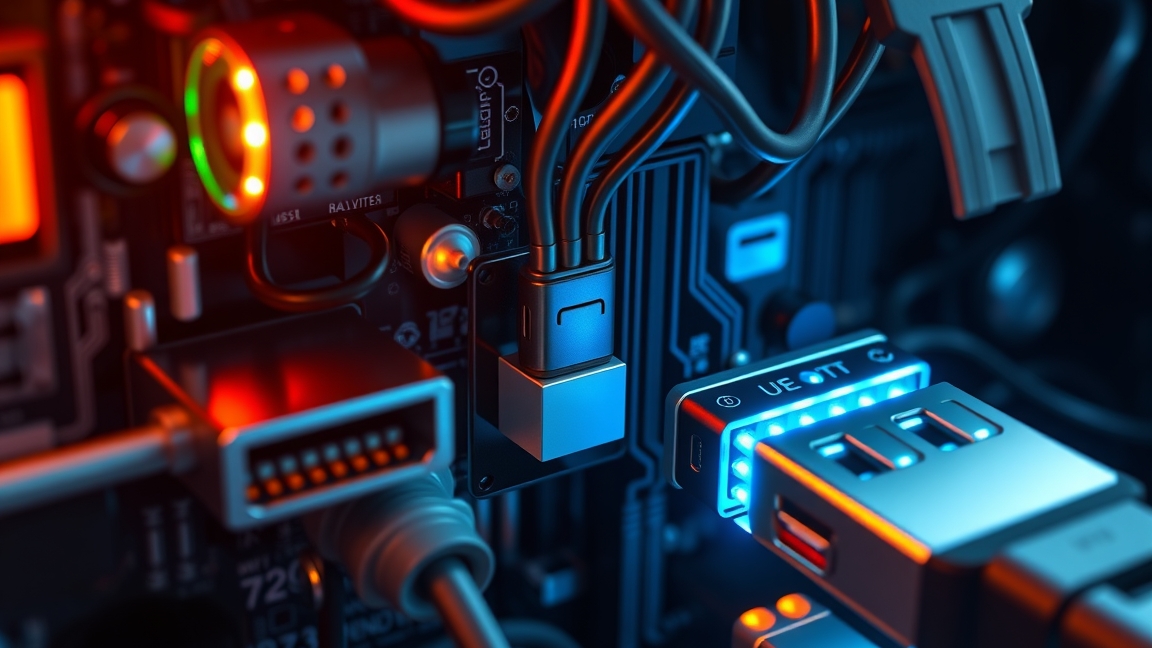 USB csatlakozók és kábelek egy számítógép belsejében.