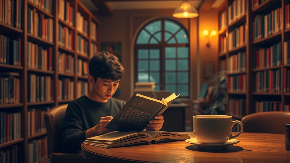 Fiú olvas egy könyvet egy könyvtárban, gőzölgő kávé mellett.