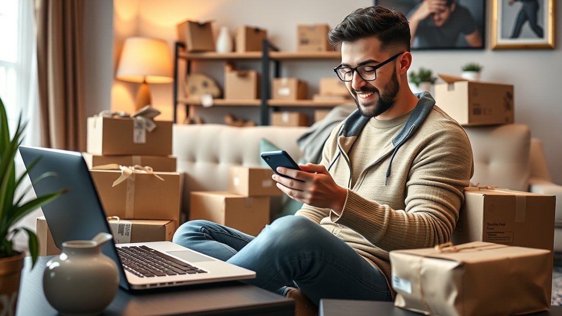 Férfi online vásárlás közben, dobozok között ülve