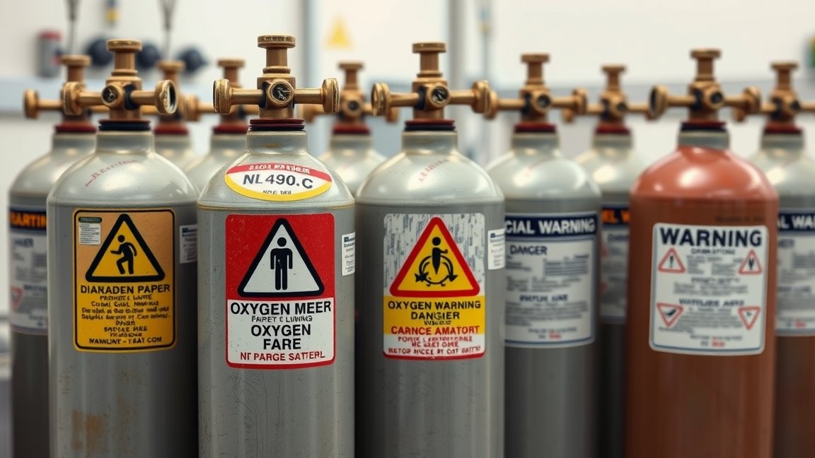 Oxigénpalackok figyelmeztető címkékkel ipari környezetben.