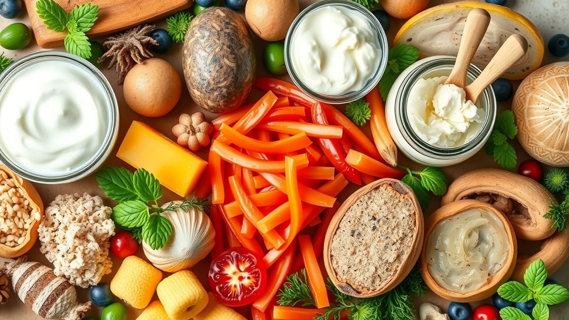 Egészséges ételek és probiotikumok bélflóra támogatásához.