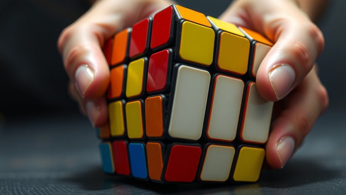 Rubik-kocka kézben, színes oldalakkal, sportág és logikai játék.