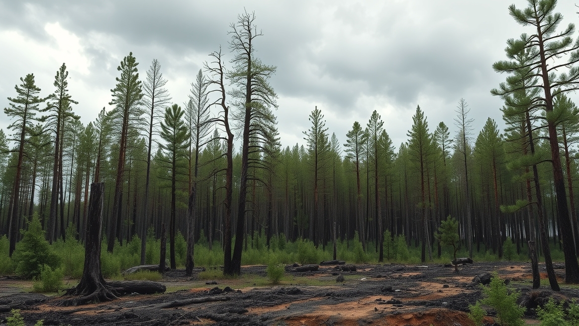 Erdőtüzek utánzónás terület, fák és égési nyomok láthatók.