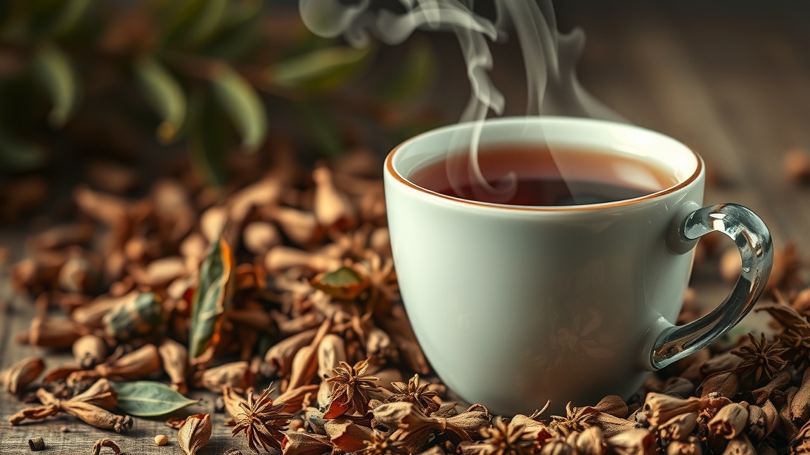 Füstölgő szenna tea egy fehér bögre mellett, körülötte fűszernövények.