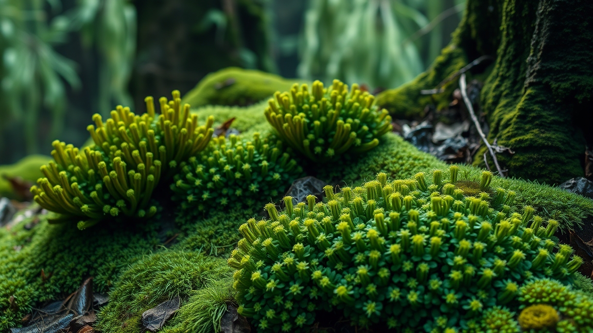 Tőzegmohák színes csoportja a természetben, biológiai sokféleség.