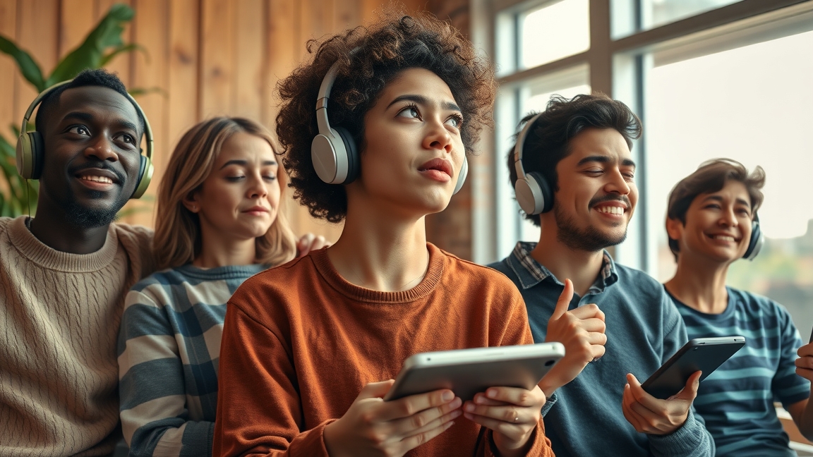 Fiatal felnőttek zenehallgatás közben, érzelmi kifejezések