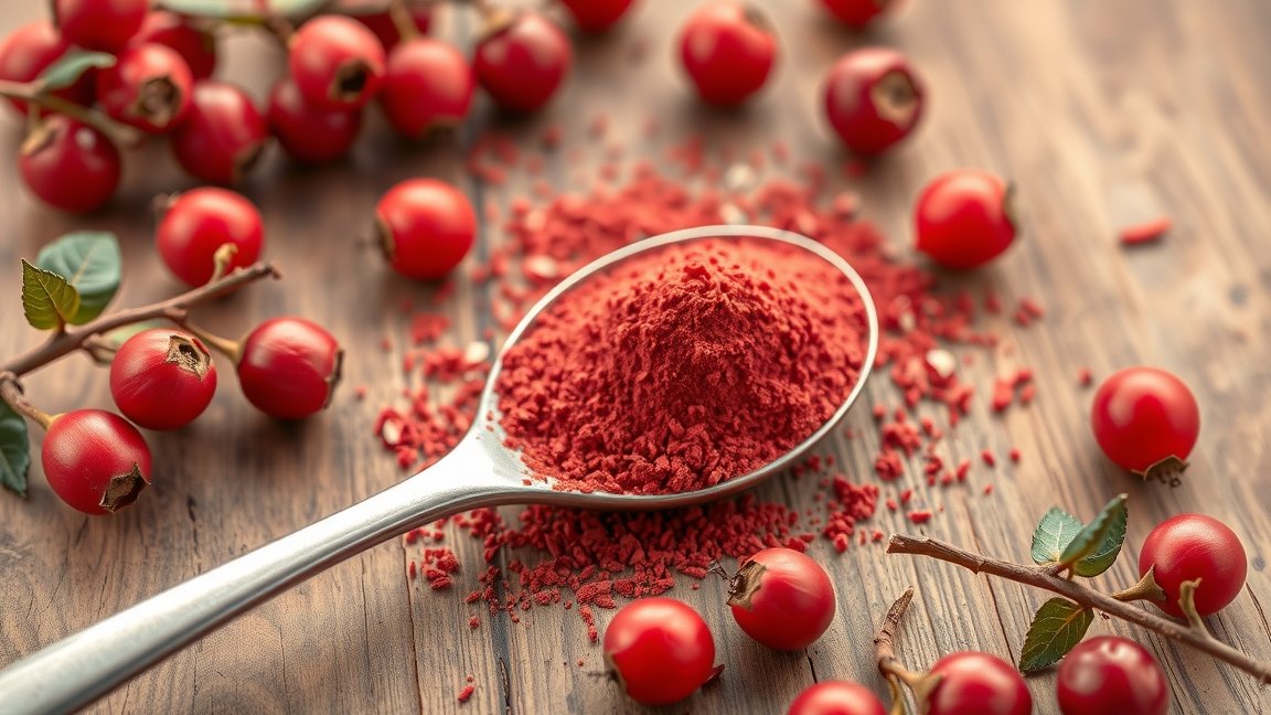 Csipkebogyópor és bogyók egy kanálban.