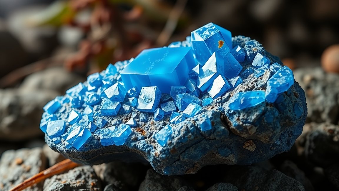 Dumortierit ásvány természetes kék kristályai köveken