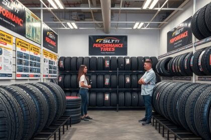 Két vásárló gumiabroncsot néz egy boltban