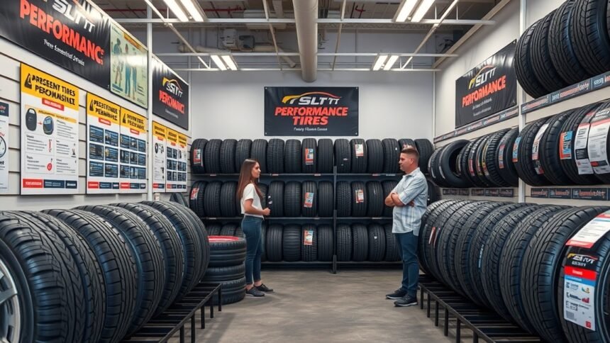 Két vásárló gumiabroncsot néz egy boltban