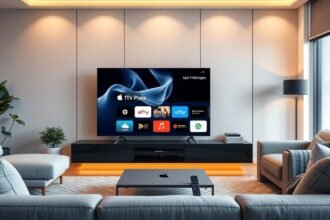 Apple TV felhasználói felület a modern nappaliban