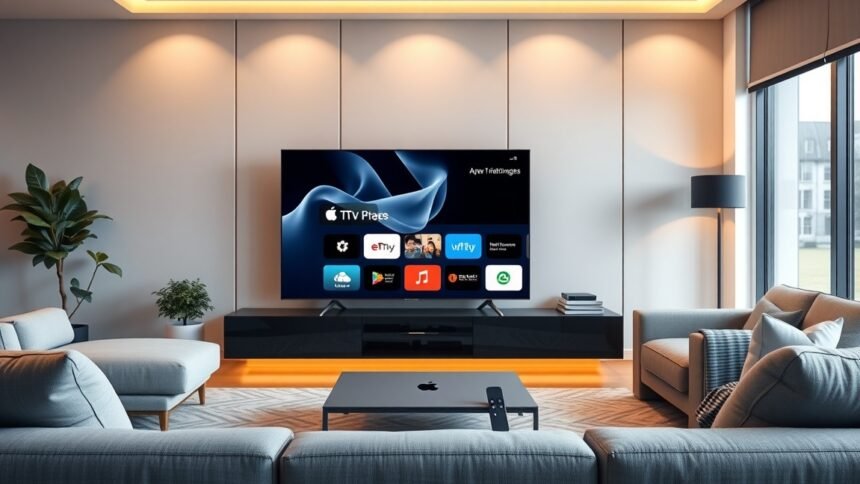Apple TV felhasználói felület a modern nappaliban
