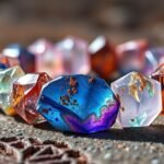 Színes türkinit és ásvány karkötő kövek közelről.