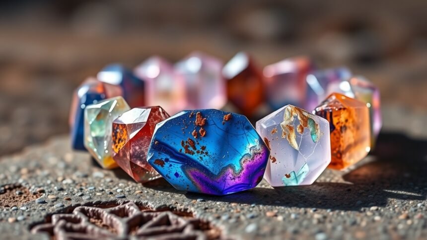 Színes türkinit és ásvány karkötő kövek közelről.