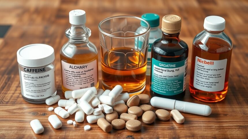 Különböző legális drogok és étrend-kiegészítők az asztalon.