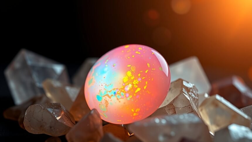 Tűzopal gömb természetes kövekkel körülvéve