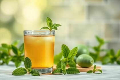 Frissítő mentaszörp jégkockával, zöldalmával és mentalevelekkel.