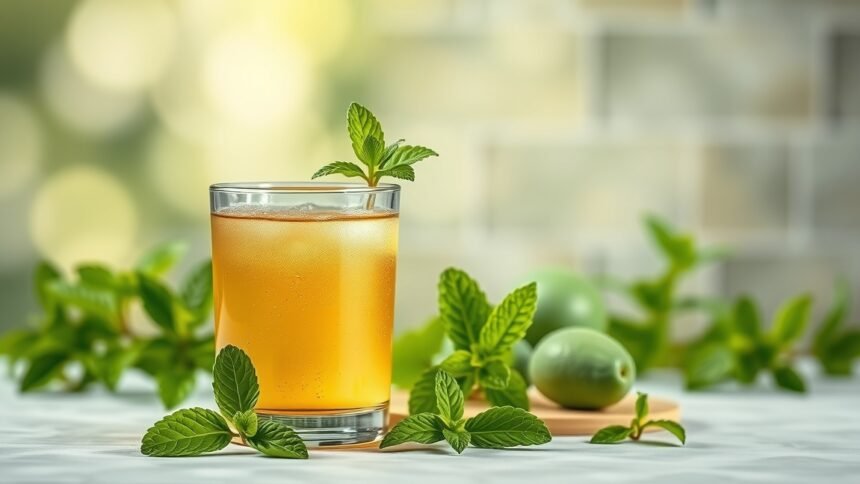 Frissítő mentaszörp jégkockával, zöldalmával és mentalevelekkel.